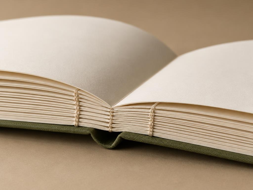 Folded paper signatures sewn together along the spine of an open book