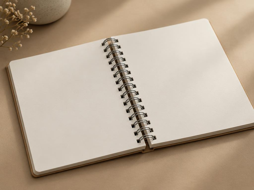 Notebook with a metal wire-O spine lying open flat