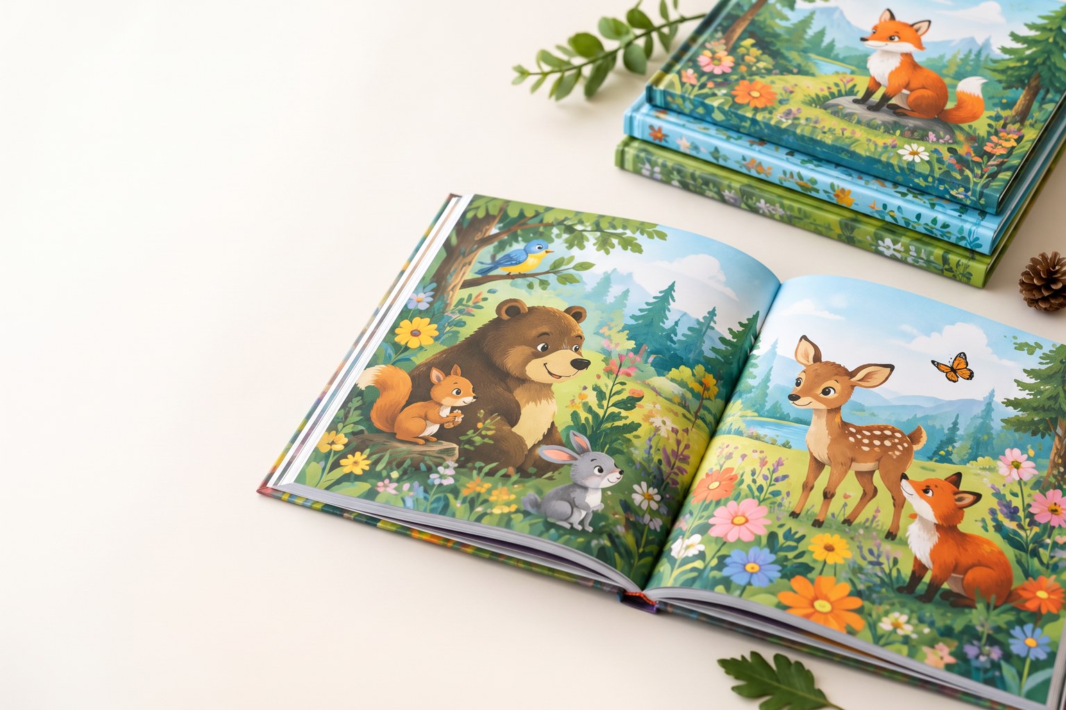 Illustrative square hardcover picture books with colorful woodland animal illustrations