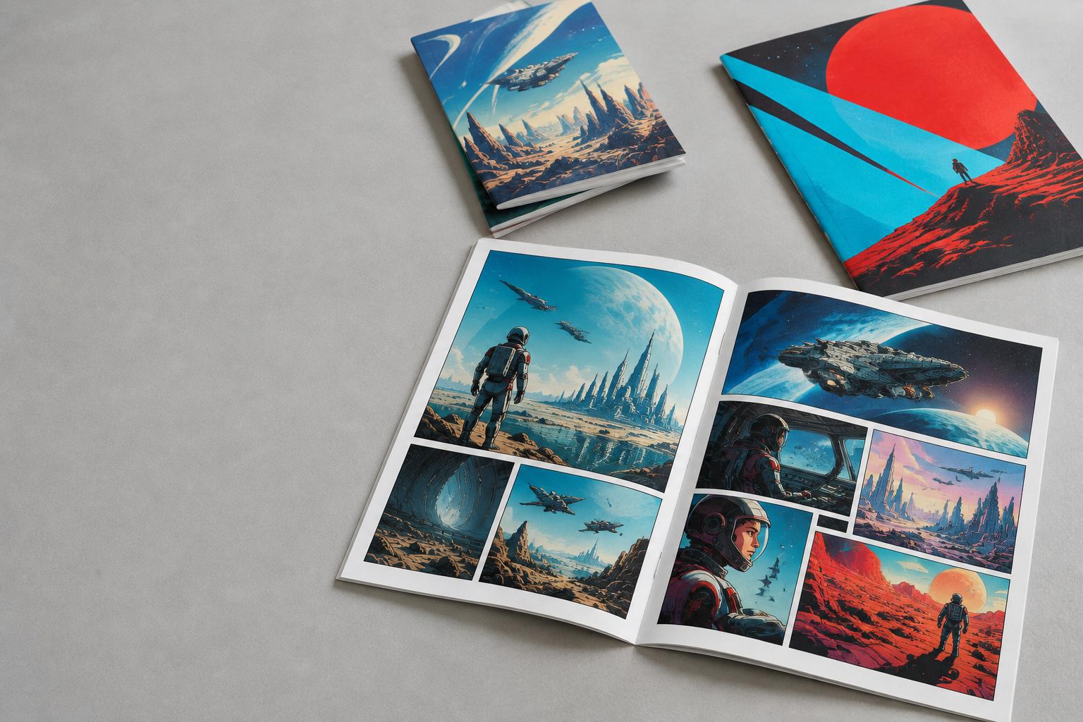 Illustrative printed comic books and magazines with colorful illustrated panels