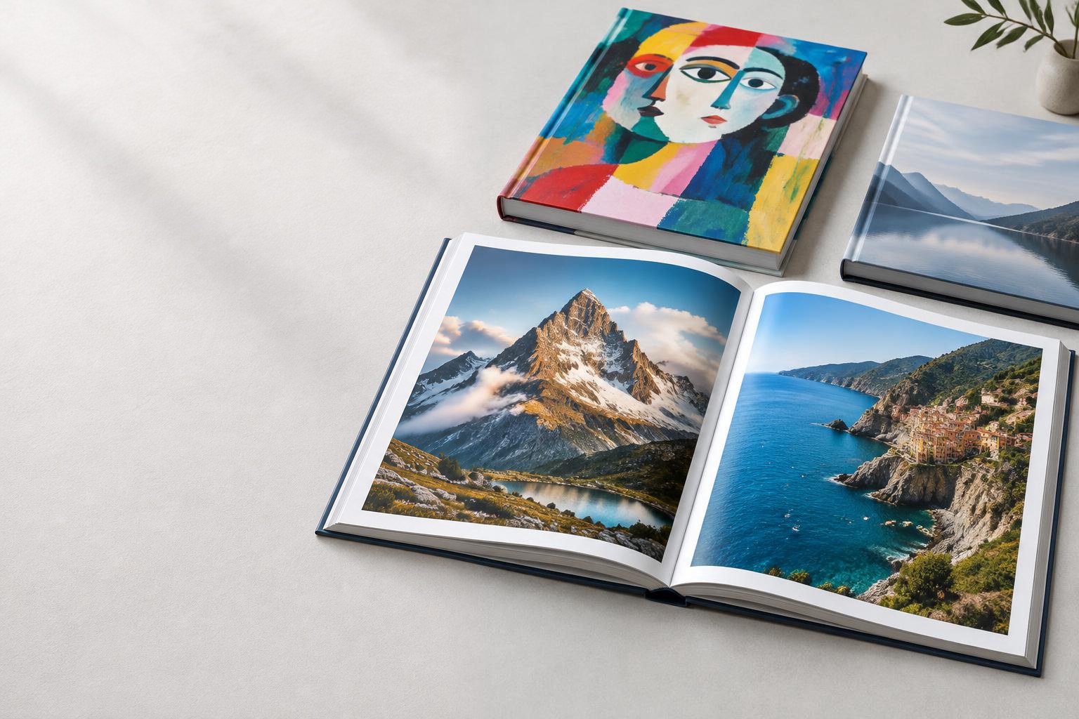 Illustrative hardcover art books and an open photography book with landscape photographs