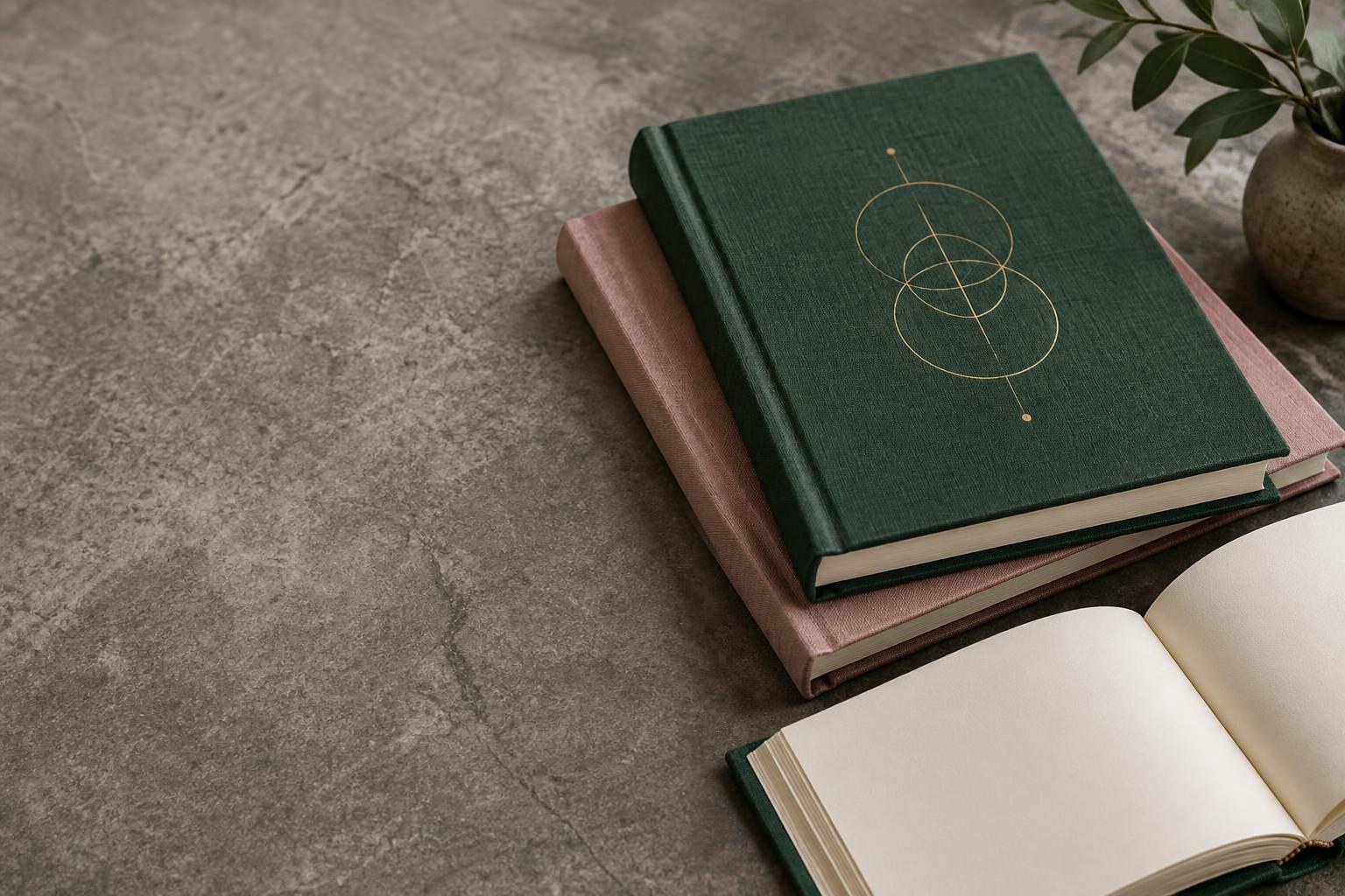 Illustrative linen-covered hardcover books with a gold geometric cover detail