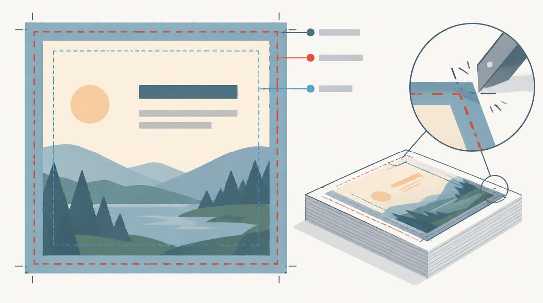 Diagram of a page with artwork extending past the dashed trim line into the bleed area and text inside the safe margin