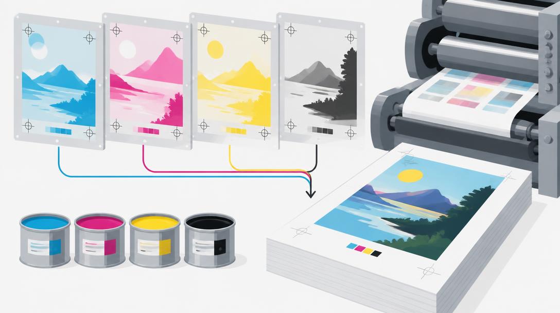 Four cyan, magenta, yellow and black printing plates combining into one full-color page on an offset press