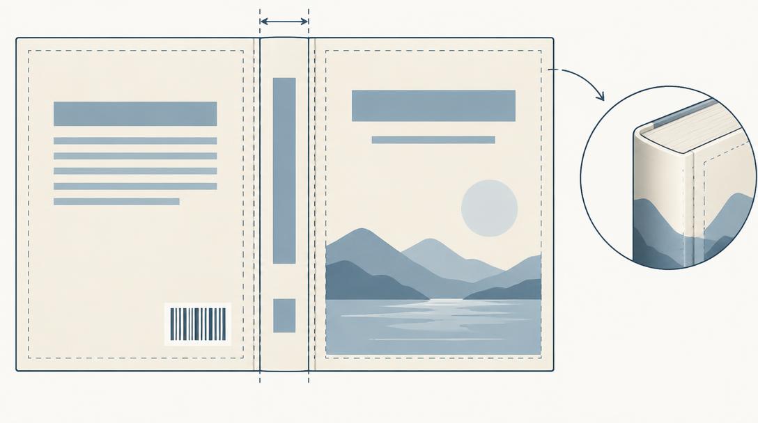 Full-wrap paperback cover template laid flat with back cover, spine and front panels, fold lines and a barcode placeholder