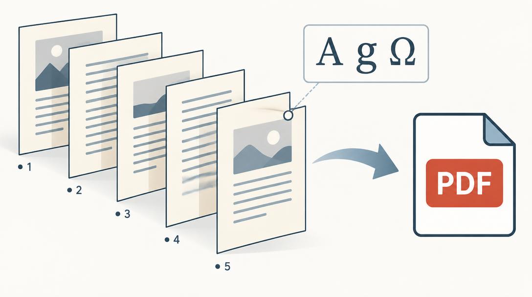 Individual book pages fanned out in reading order flowing into a single PDF file with embedded letterforms