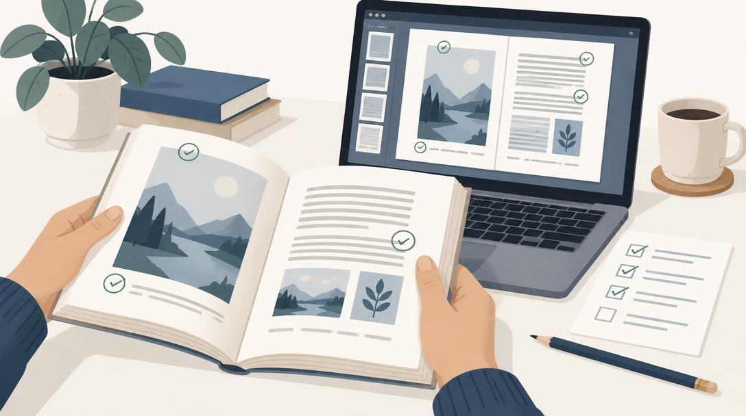 Hands comparing a printed proof book against the page layout on a laptop with an approval checklist beside them
