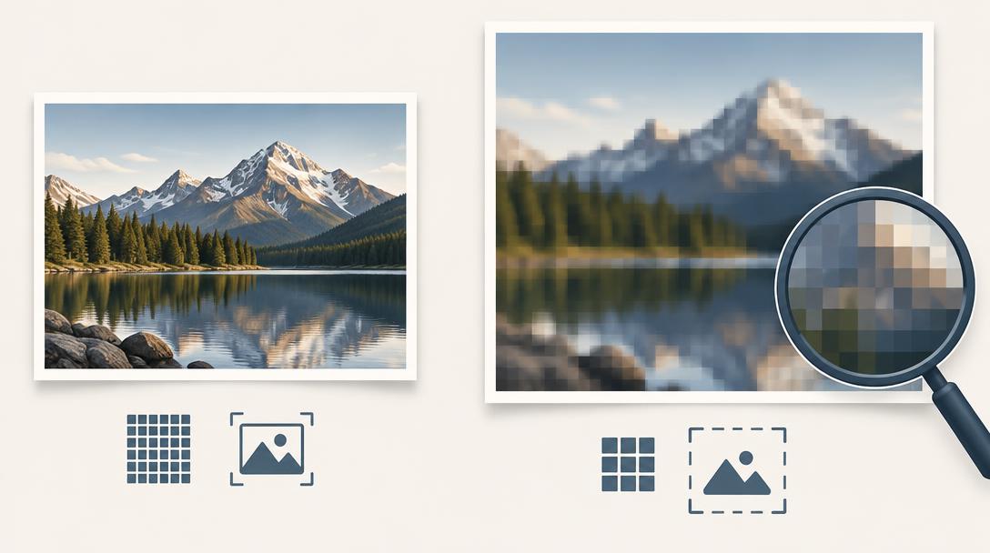 Side-by-side comparison of a sharp printed photograph and the same image enlarged until it turns pixelated