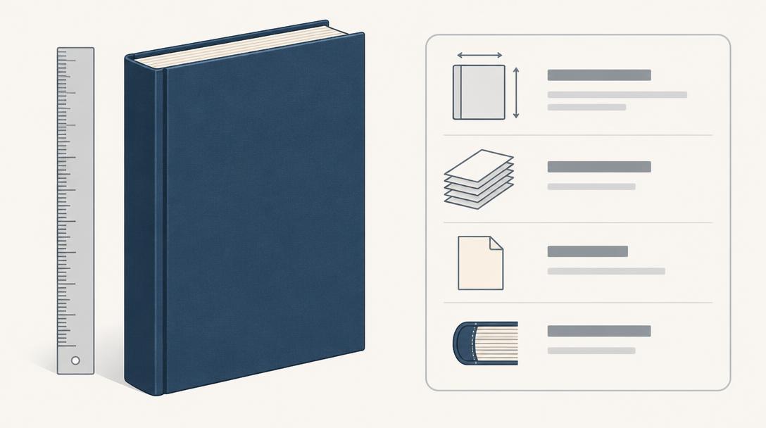 Hardcover book beside a ruler and a specification sheet listing trim size, page count, paper and binding