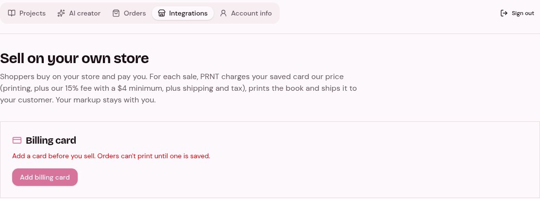PRNT Integrations tab with billing card status