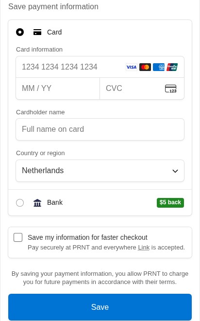 Secure card-saving window in the PRNT portal