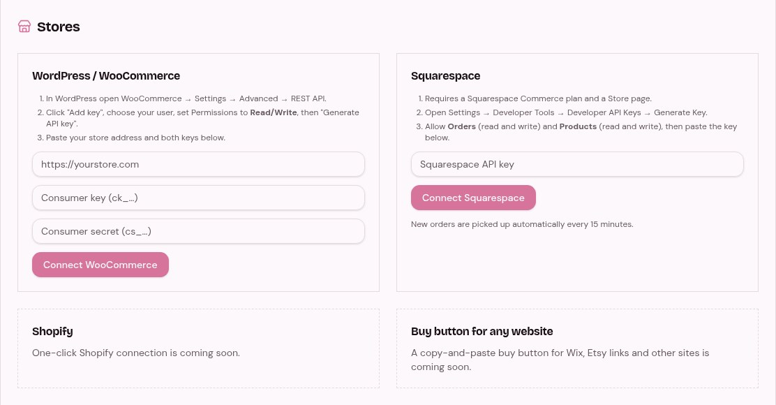 PRNT Stores screen with WooCommerce and Squarespace connection forms